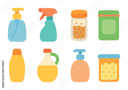 Colorful Home Products Icons. Flat vector mini-illustrations of refillable home products in colors children's