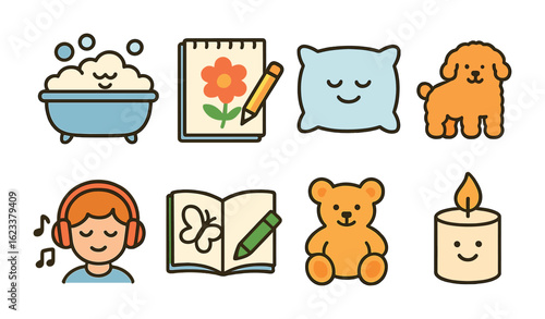 Comforting Activities Icons. Flat vector mini-illustrations of comforting self-soothing activities in colors