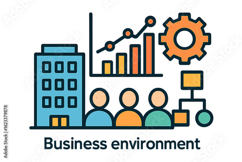 Business environment illustration with building, people, and graphs business environment layout