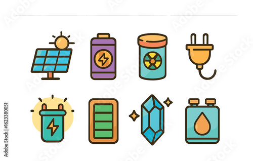 Colorful Energy Icons. Flat vector mini-illustrations of energy sources for mining in colors children's