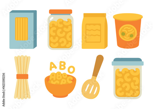 Colorful Pasta Illustrations. Flat vector mini-illustrations of pasta and noodles shelf in colors children's