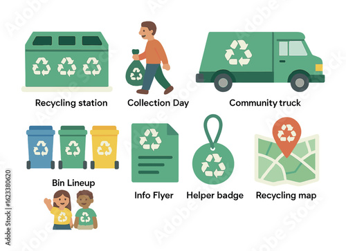 Neighborhood Recycling Program. Flat vector mini-illustrations of neighborhood recycling program in colors