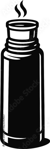 Black and White Vector Icon of a Steaming Thermos Bottle for Hot Drinks and Beverages