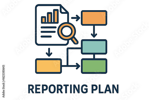 Reporting plan with flowchart and document illustration reporting plan diagram