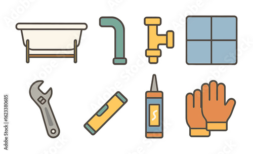 Bathtub Installation Icons. Flat vector mini-illustrations of bathtub installation sketch in colors children's