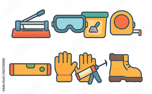 Bathroom Renovation Tools. Flat vector mini-illustrations of bathroom renovation in colors children's
