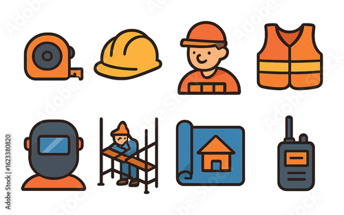 Construction Crew Icons. Flat vector mini-illustrations of construction crew tasks in colors children's