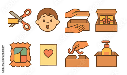 Unboxing Delight Icons. Flat vector mini-illustrations Unboxing experience in colors children's illustrations: