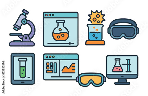 Children's Virtual Lab Icons. Flat vector mini-illustrations Virtual lab simulations in colors children's