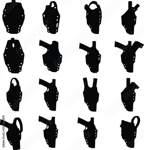 Gun Holster Vector Silhouette Set. A comprehensive collection of handgun and pistol holster designs for law enforcement, military, and security concepts.
