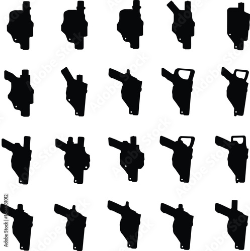 Gun Holster Vector Silhouette Set. A comprehensive collection of handgun and pistol holster designs for law enforcement, military, and security concepts.