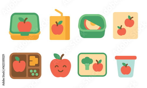 Apple-themed School Lunch. Flat vector mini-illustrations Apple school lunch in colors children's