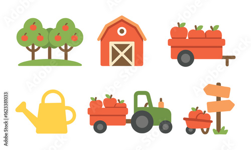 Children's Apple Farm Icons. Flat vector mini-illustrations Apple farm in colors children's illustrations: