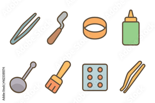 Colorful Plating Tool Icons. Flat vector mini-illustrations Plating tools and utensils in colors children's