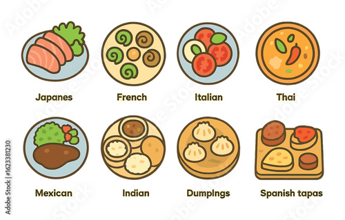 World Cuisine Illustrations. Flat vector mini-illustrations World cuisine plating styles in colors children's
