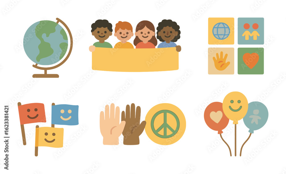 Fototapeta premium Diversity Celebration Icons. Flat vector mini-illustrations diversity awareness day in colors children's
