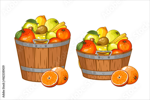 Wooden Boxes with fruits. Wooden crates with fruits. Fruits in wooden boxes illustration. Farm, storage, delivery. Organic market. Harvest and agriculture concept. Farmers market. Organic packaging