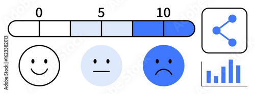Feedback scale from 0 to 10 with happy faces representing satisfaction levels, data sharing icon, and bar chart. Ideal for surveys, analytics, user feedback, evaluation, sentiment analysis