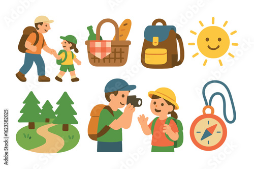 Family Trekking Adventure Icons. Flat vector mini-illustrations family trekking trip in colors children's