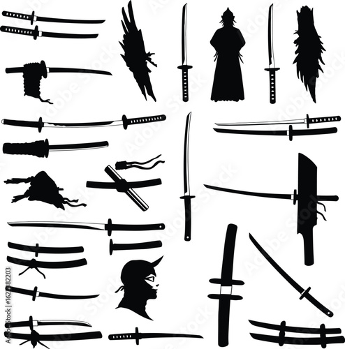 Ninja and Samurai Vector Silhouette Set. A detailed collection of traditional Japanese warrior and katana sword designs for martial arts, history, and culture concepts.