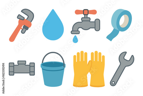 Fixing Leaky Faucet. Flat vector mini-illustrations fixing a leaky faucet in colors children's illustrations: