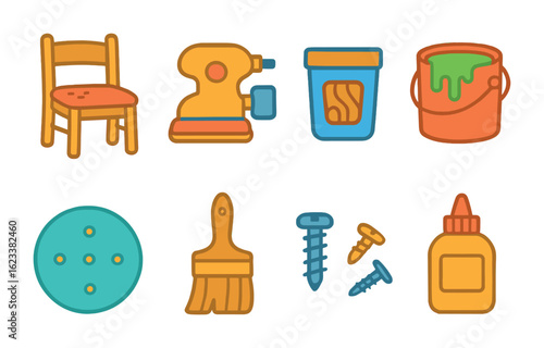 Upcycling Furniture Icons. Flat vector mini-illustrations upcycling furniture in colors children's