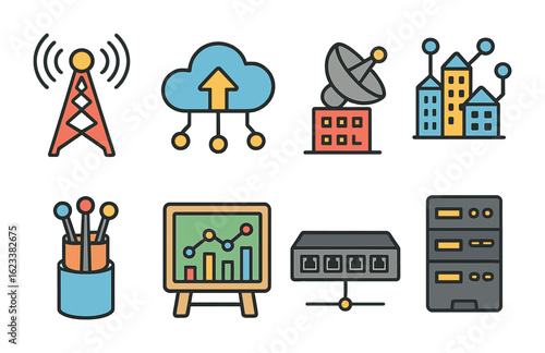 City Network Illustrations. Flat vector mini-illustrations city-wide data networks in colors children's