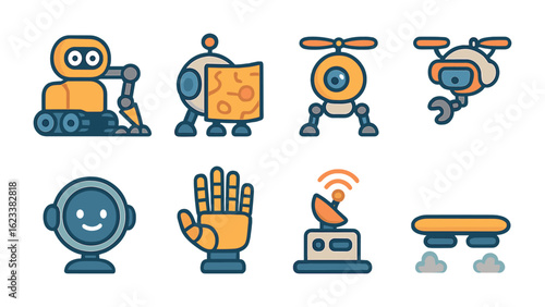 Lunar Robotic Assistants. Flat vector mini-illustrations robotic lunar assistants in colors children's