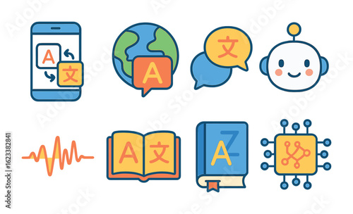 Children's Language Translation Icons. Flat vector mini-illustrations language translation AI in colors