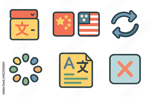 Colorful Language UI Icons. Flat vector mini-illustrations translation UI elements in colors children's