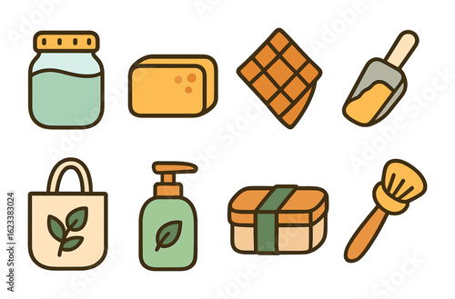 Zero Waste Icons. Flat vector mini-illustrations zero waste lifestyle in colors children's illustrations: