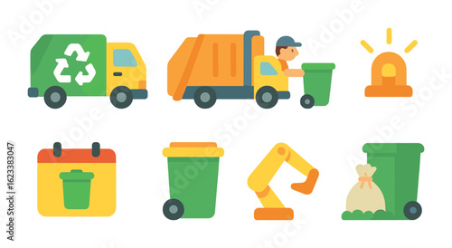 Children's Garbage Trucks. Flat vector mini-illustrations garbage truck services in colors children's