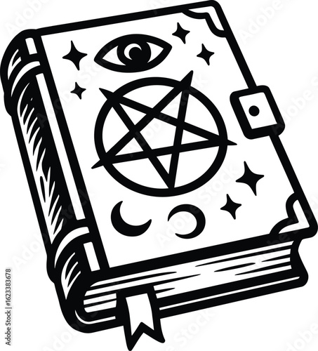 Black and White Vector Icon of a Magical Spellbook or Grimoire