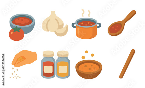 Sauce Preparation Icons. Flat vector mini-illustrations preparing traditional sauces in colors children's