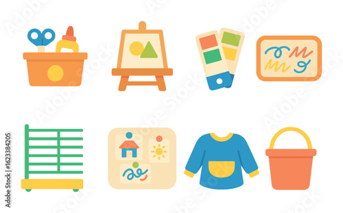 Children's Art Station Icons. Flat vector mini-illustrations classroom art station in colors children's