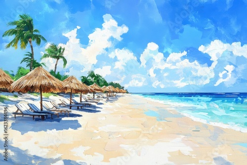 Idyllic tropical beach with palm trees and umbrellas on a sunny day
