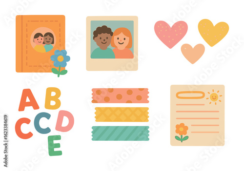 Children's Friendship Scrapbook. Flat vector mini-illustrations friendship memory books in colors children's