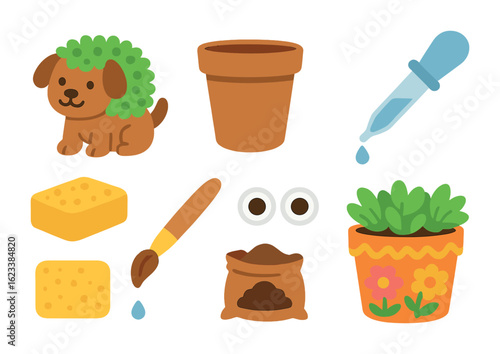 Chia Pet Crafts. Flat vector mini-illustrations chia pets and fun seed crafts in colors children's