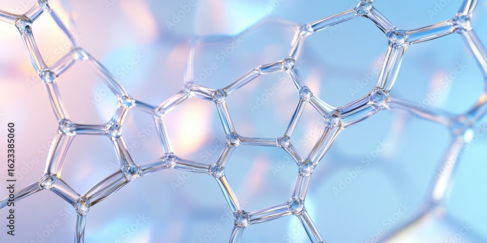 Fototapeta premium Molecular structure with transparent geometric pattern connected by lines. Abstract science background with light blue and iridescent tones, chemistry concept.