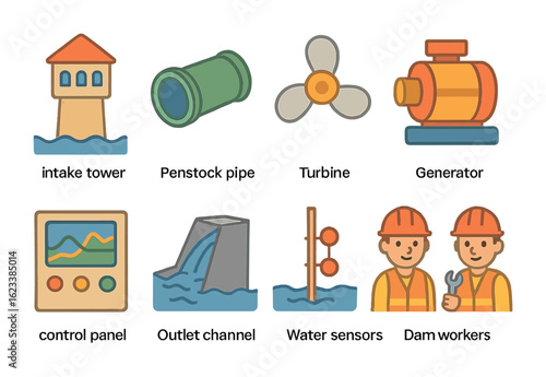 Children's Dam Icons. Flat vector mini-illustrations parts of a dam in colors children's illustrations: intake
