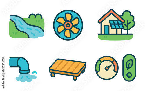 Mini Hydro Setup Icons. Flat vector mini-illustrations mini hydro setups in colors children's illustrations: