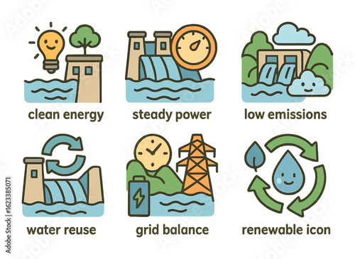 Hydropower Benefits Icons. Flat vector mini-illustrations benefits of hydropower in colors children's