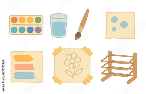 Children's Art Supplies. Flat vector mini-illustrations watercolor painting session in colors children's