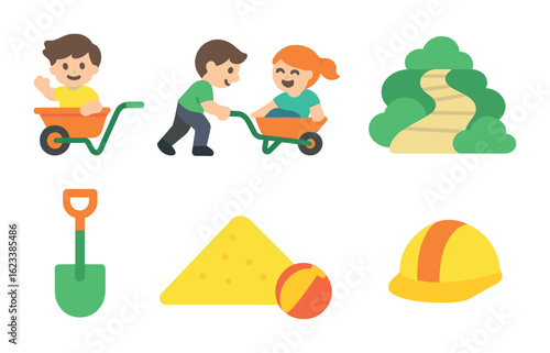 Playful Kids in Garden. Flat vector mini-illustrations wheelbarrow play in colors children's illustrations: