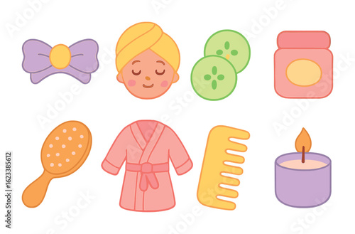Kids' Spa Day Icons. Flat vector mini-illustrations spa day for kids in colors children's illustrations: