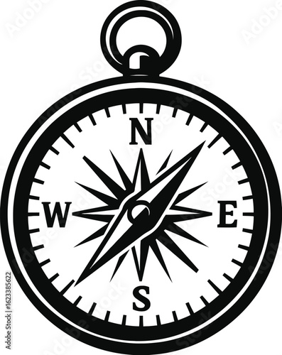 Black and White Vector Icon of a Compass for Navigation Outdoor Exploration and Travel Direction