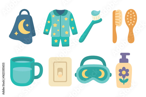 Children's Bedtime Icons. Flat vector mini-illustrations bedtime bathroom routine in colors children's