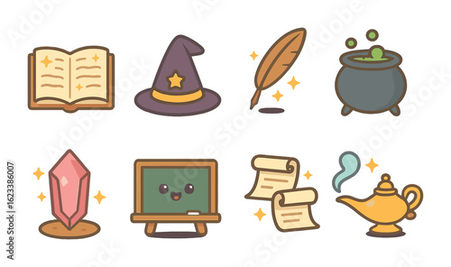 Magical School Icons. Flat vector mini-illustrations magical school moments in colors children's illustrations