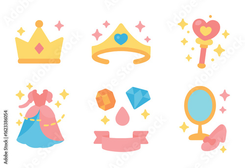 Princess Magic Icons. Flat vector mini-illustrations princess magic changes in colors children's illustrations