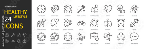 Healthy lifestyle icon set. Daily routine, healthy food, good mood, self care, mental health, positive emotions, sleep, sport, rest, running, fresh air, etc. Vector illustration. Editable stroke.